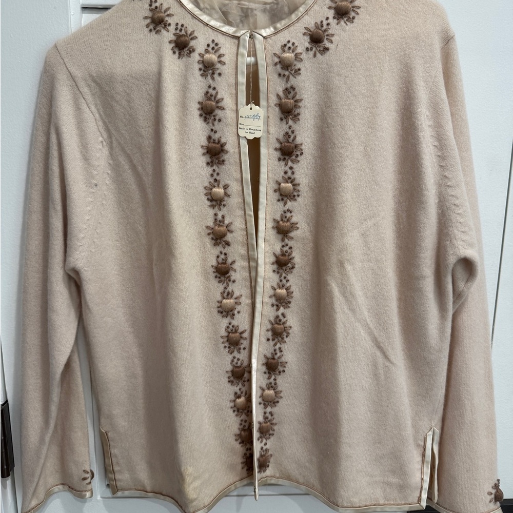 Cream Cardigan with Brown Floral Embroidery